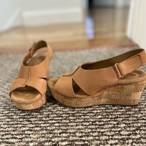Clarks tan wedge sandals. Size 8. Cushion support, very comfortable.